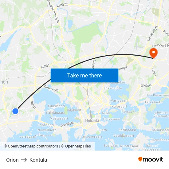 Orion to Kontula map