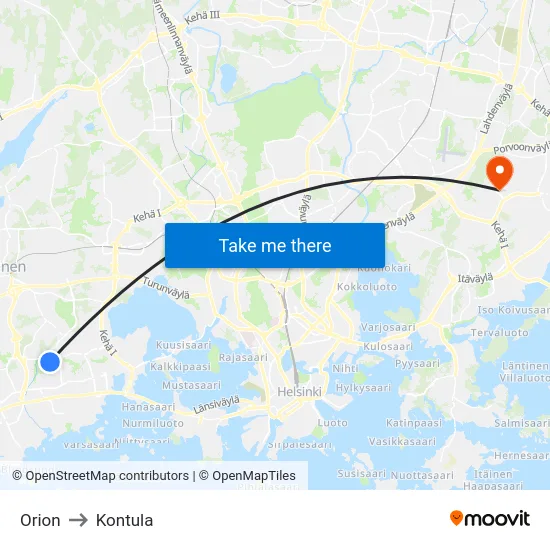 Orion to Kontula map