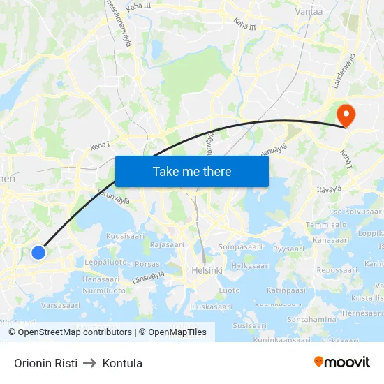 Orion's Cross to Kontula map