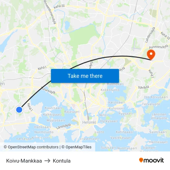 Koivu-Mankkaa to Kontula map