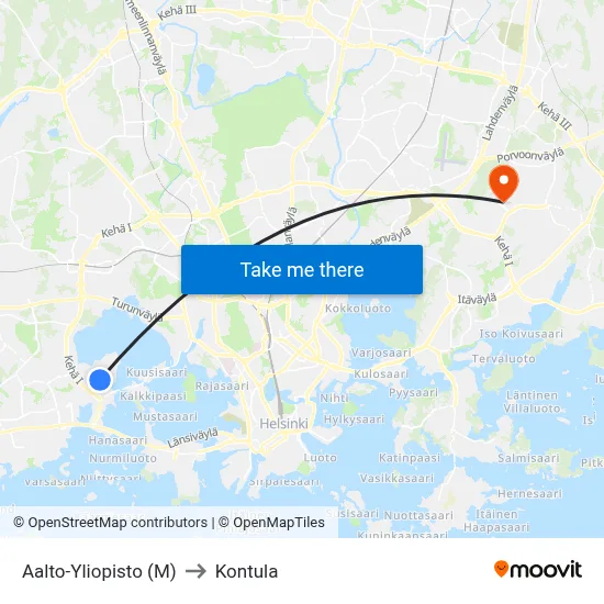 Aalto University (M) to Kontula map
