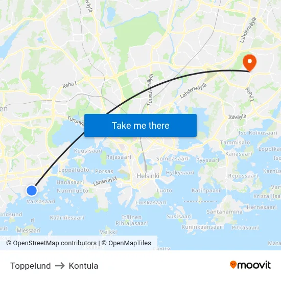Toppelund to Kontula map