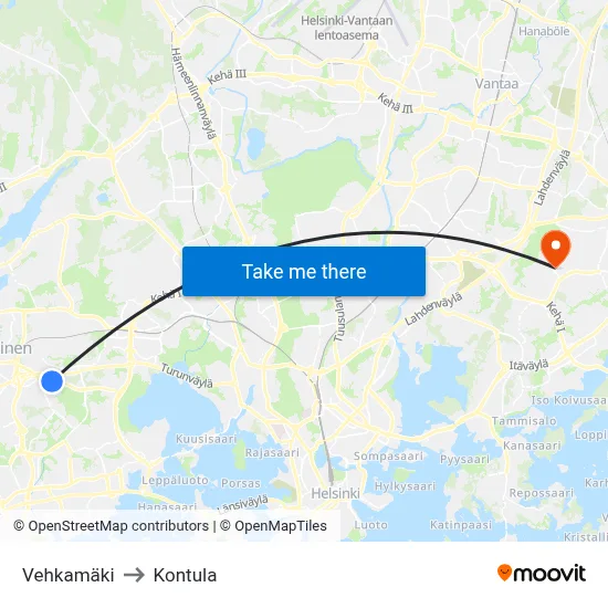 Vehkamaki to Kontula map