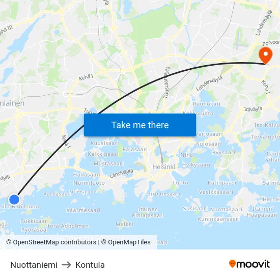 Nuottaniemi to Kontula map