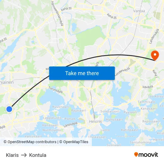 Klaris to Kontula map