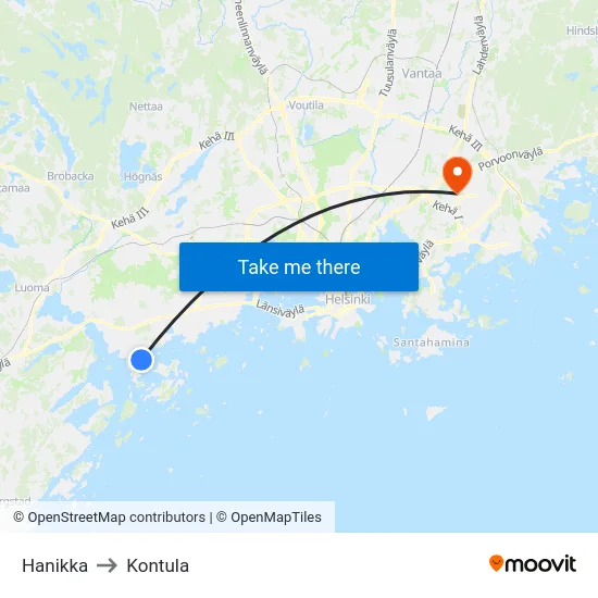 Hanikka to Kontula map