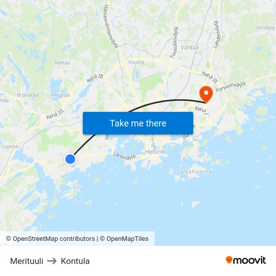Merituuli to Kontula map