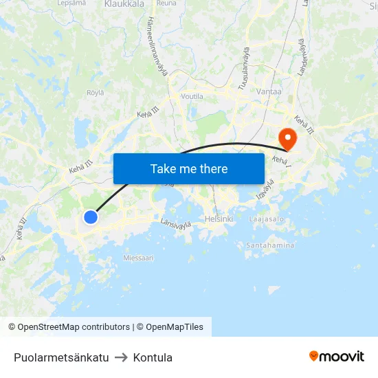Puolarmetsä Street to Kontula map