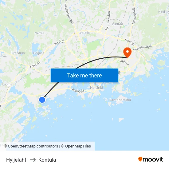 Hyljelahti to Kontula map