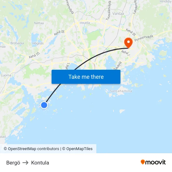 Bergö to Kontula map
