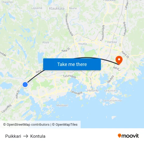 Puikkari to Kontula map