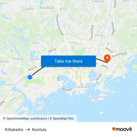 Kiltakallio to Kontula map