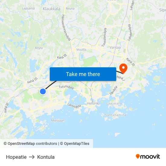 Hopeatie to Kontula map