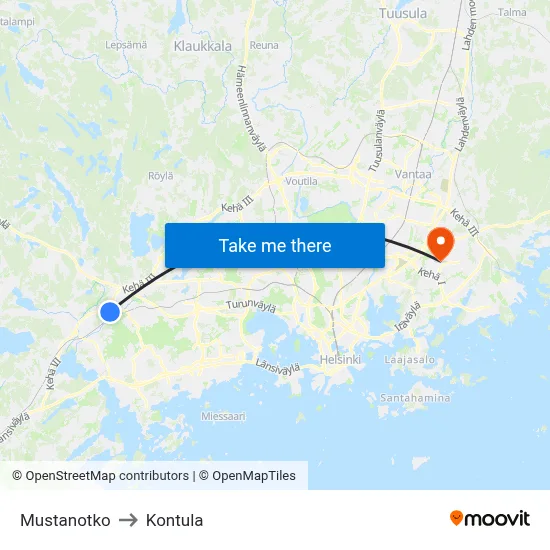 Black Valley to Kontula map
