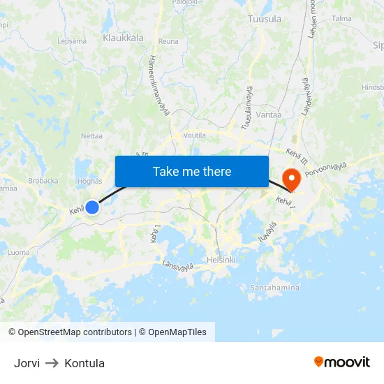 Jorvi to Kontula map