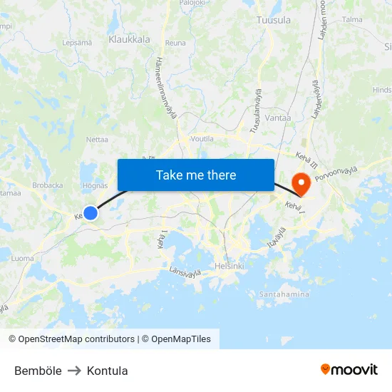 Bemböle to Kontula map