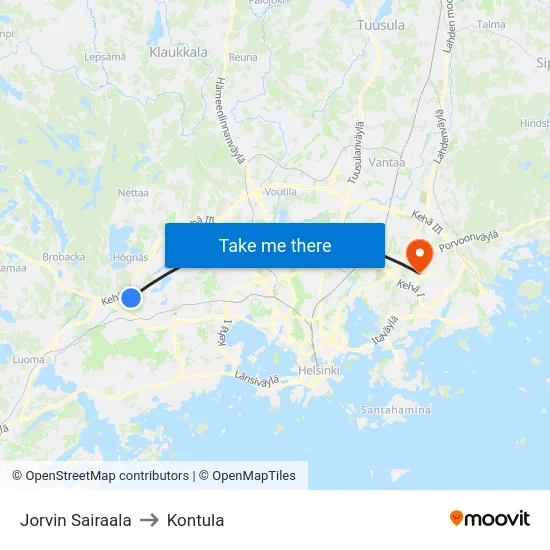 Jorvin Sairaala to Kontula map