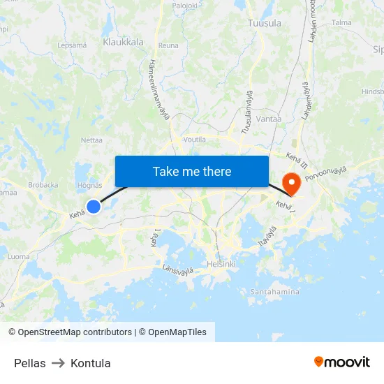 Pellas to Kontula map