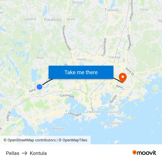 Pellas to Kontula map