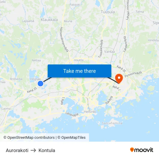 Aurorakoti to Kontula map