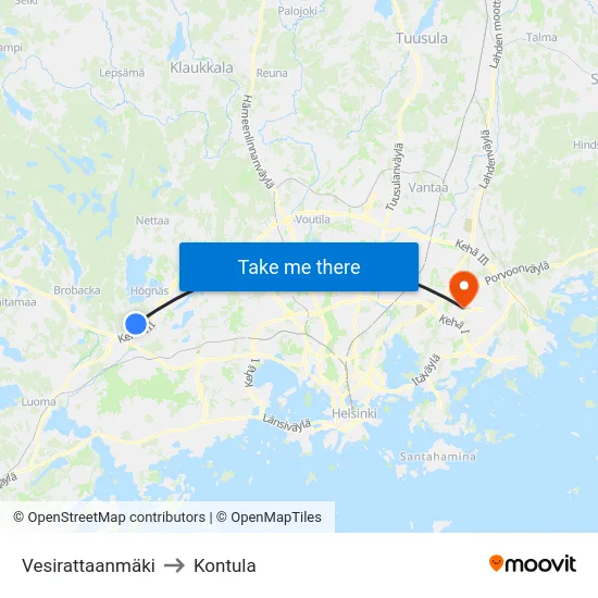 Vesirattaanmäki to Kontula map