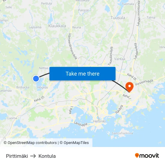 Pirttimäki to Kontula map