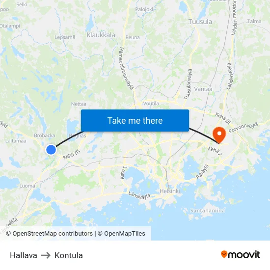 Hallava to Kontula map