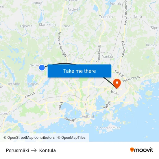 Perusmäki to Kontula map