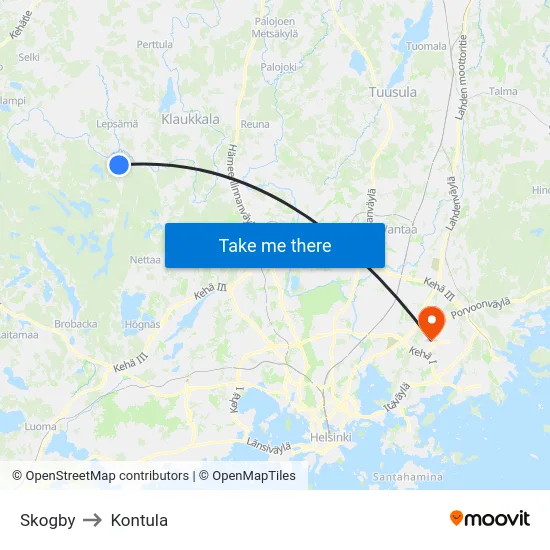 Skogby to Kontula map