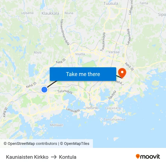 Kauniainen Church to Kontula map
