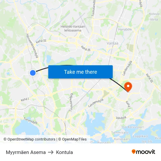 Myyrmäki Station to Kontula map