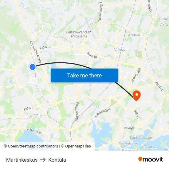 Martin Center to Kontula map