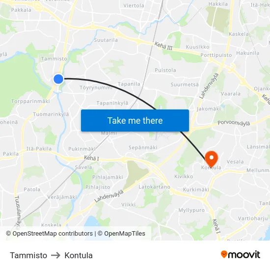 Tammisto to Kontula map