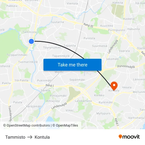 Tammisto to Kontula map