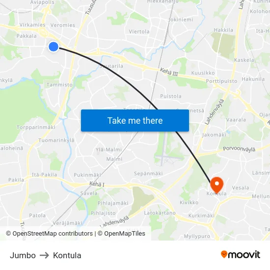 Jumbo to Kontula map