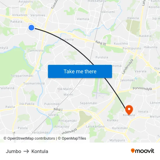 Jumbo to Kontula map