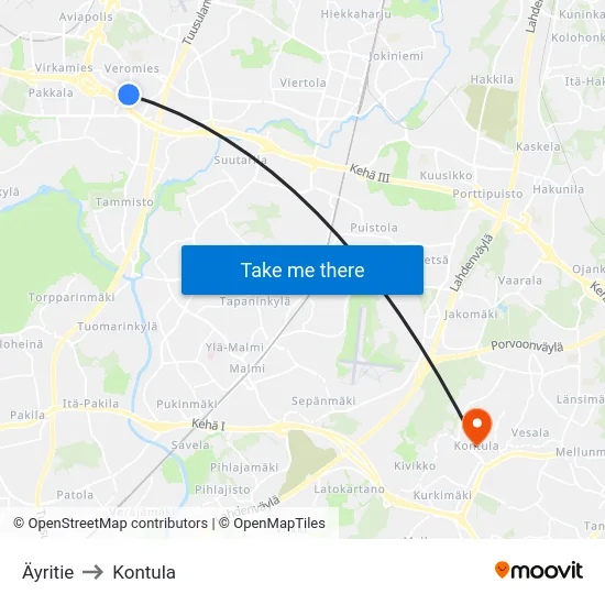 Äyritie to Kontula map
