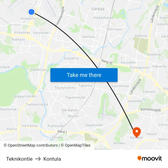 Teknikontie to Kontula map