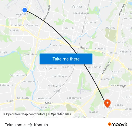Teknikontie to Kontula map