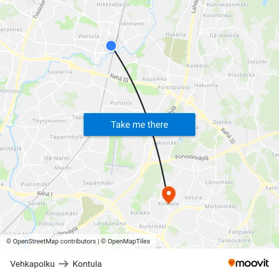 Vehkapolku to Kontula map