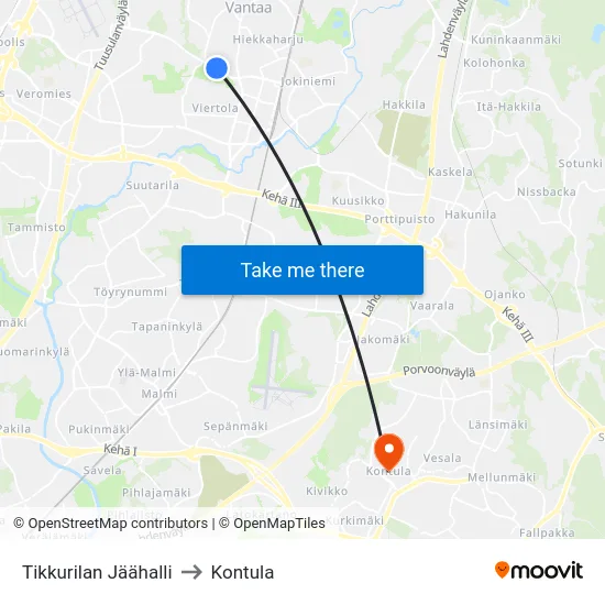 Tikkurilan Jäähalli to Kontula map