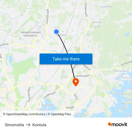 Simonsilta to Kontula map