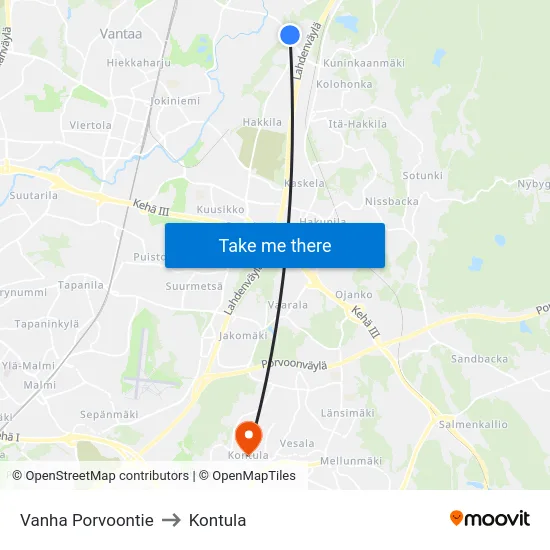 Vanha Porvoontie to Kontula map