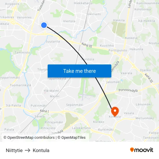 Niittytie to Kontula map