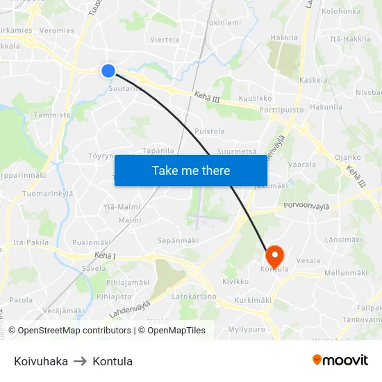 Koivuhaka to Kontula map