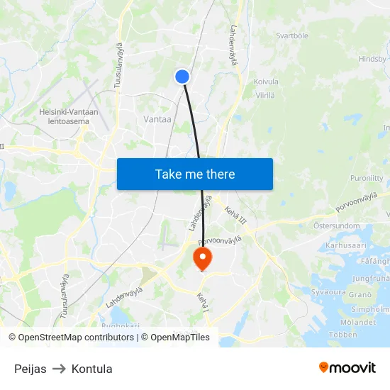 Peijas to Kontula map