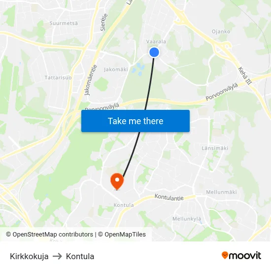 Church Lane to Kontula map