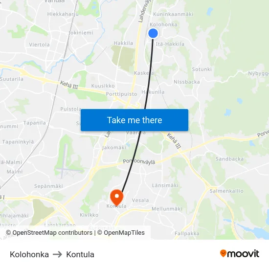 Kolohonka to Kontula map