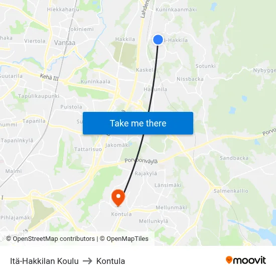 East Hakkila School to Kontula map
