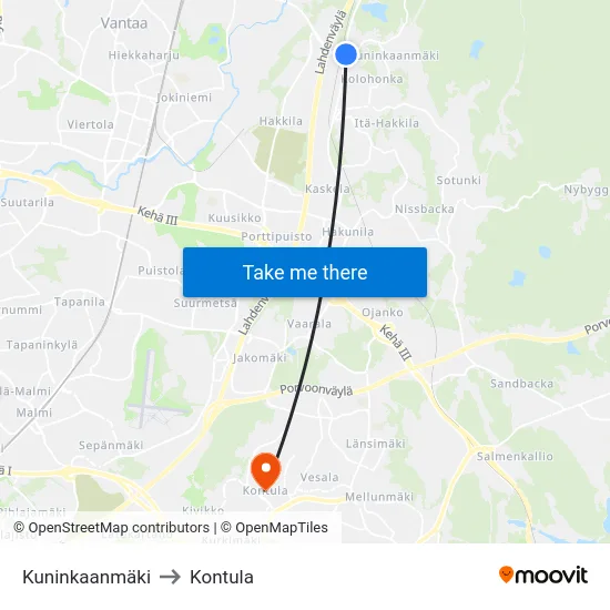 Kuninkaanmäki to Kontula map